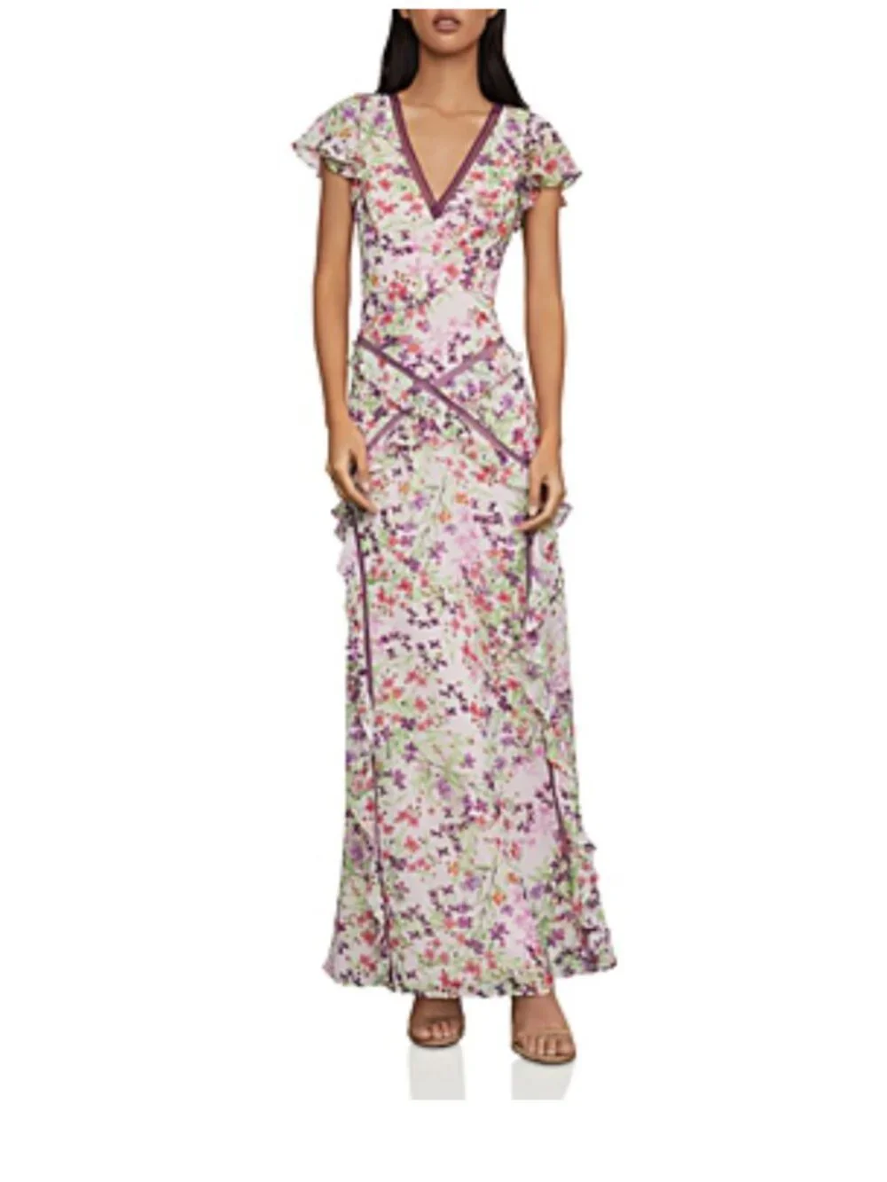 BCBGMaxAzria Floral Pink Purple Mesh/Ruffled Gown/Dress - Picture 2 of 7